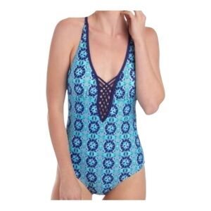 Leilani Women's Halter One-Piece Swimsuit Geometric Lace-Up Front‎ Size 6